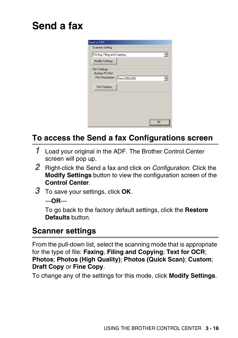 Send a fax, To access the send a fax configurations screen, Scanner settings | Send a fax -18 | Brother MFC-3420C User Manual | Page 75 / 181