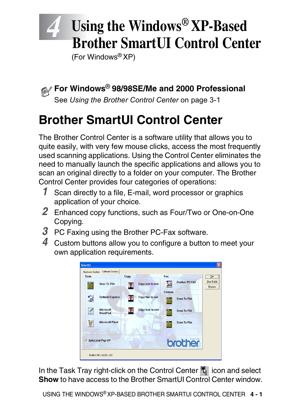 Brother smartui control center, Using the windows, Xp-based brother smartui | Control center -1, Brother smartui control center -1, See using the windows, Xp-based, Xp-based brother smartui control center | Brother MFC-3420C User Manual | Page 77 / 181