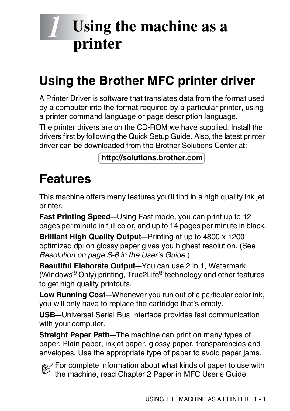 1 using the machine as a printer, Using the brother mfc printer driver, Features | Using the machine as a printer -1, Using the machine as a printer | Brother MFC-3420C User Manual | Page 9 / 181
