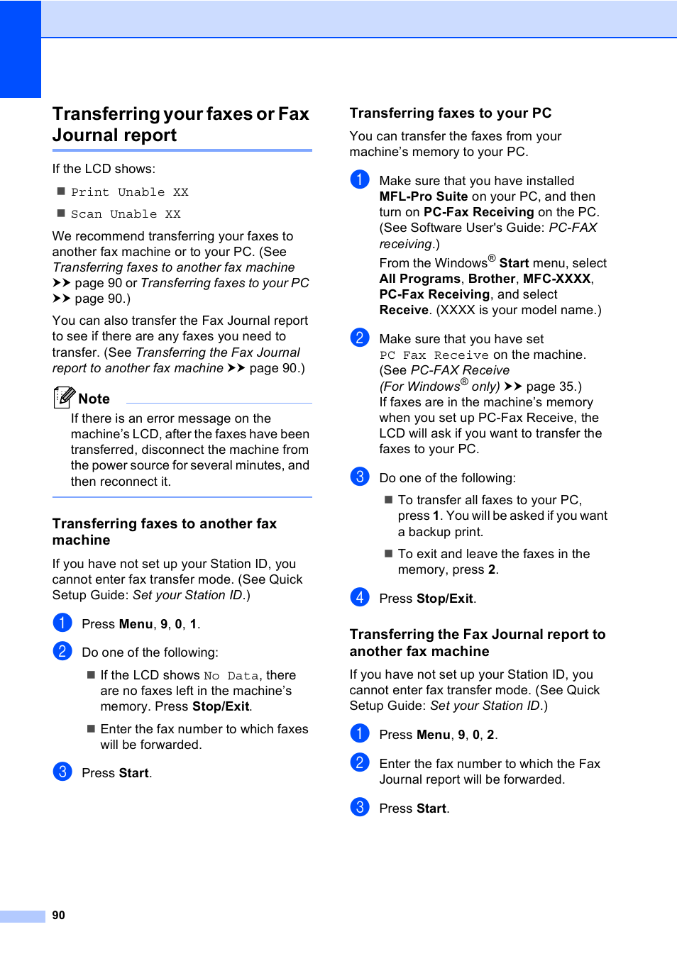 Transferring your faxes or fax journal report, Transferring faxes to another fax machine, Transferring faxes to your pc | Brother MFC-8510DN User Manual | Page 102 / 202