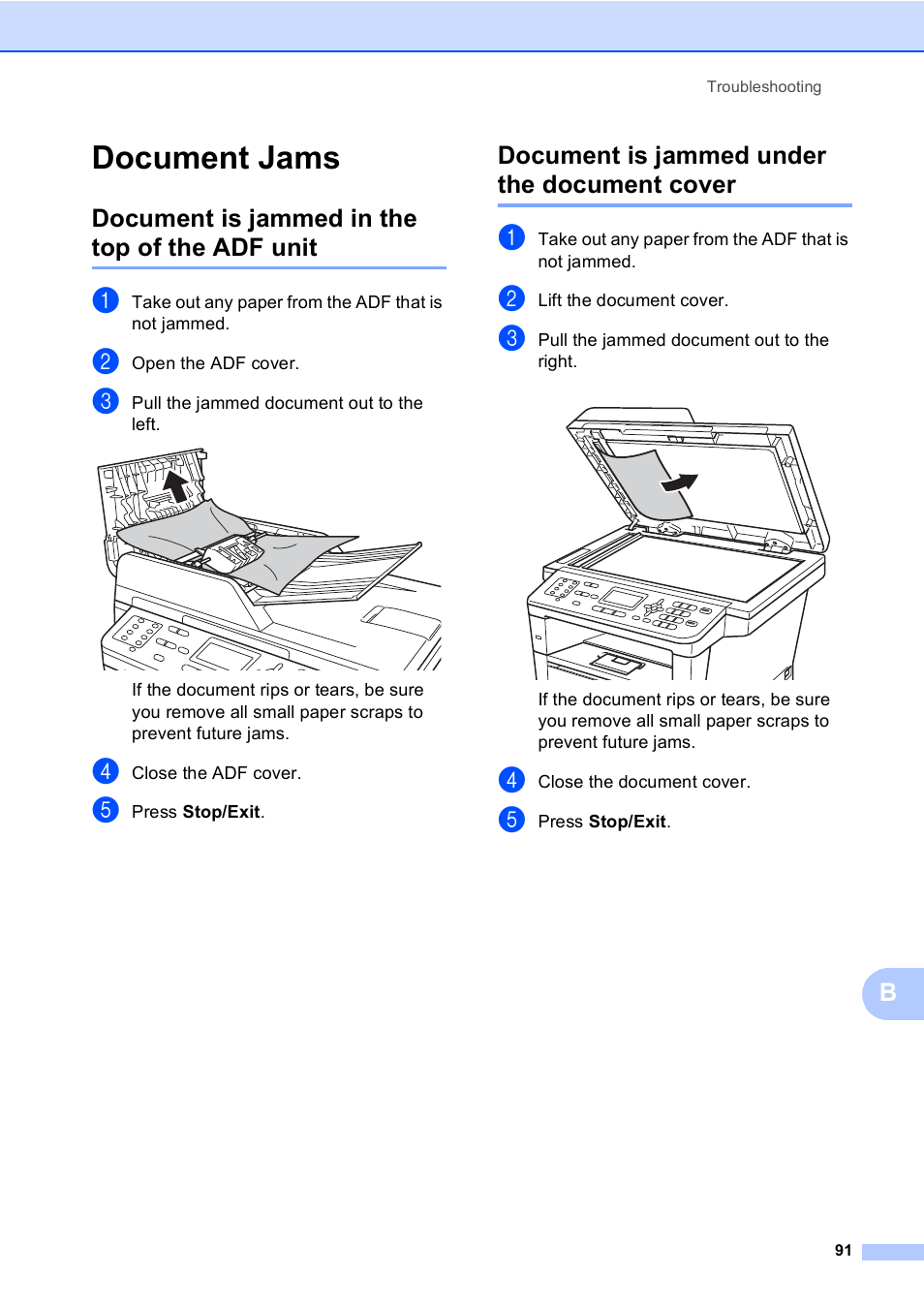 Document jams, Document is jammed in the top of the adf unit, Document is jammed under the document cover | Brother MFC-8510DN User Manual | Page 103 / 202
