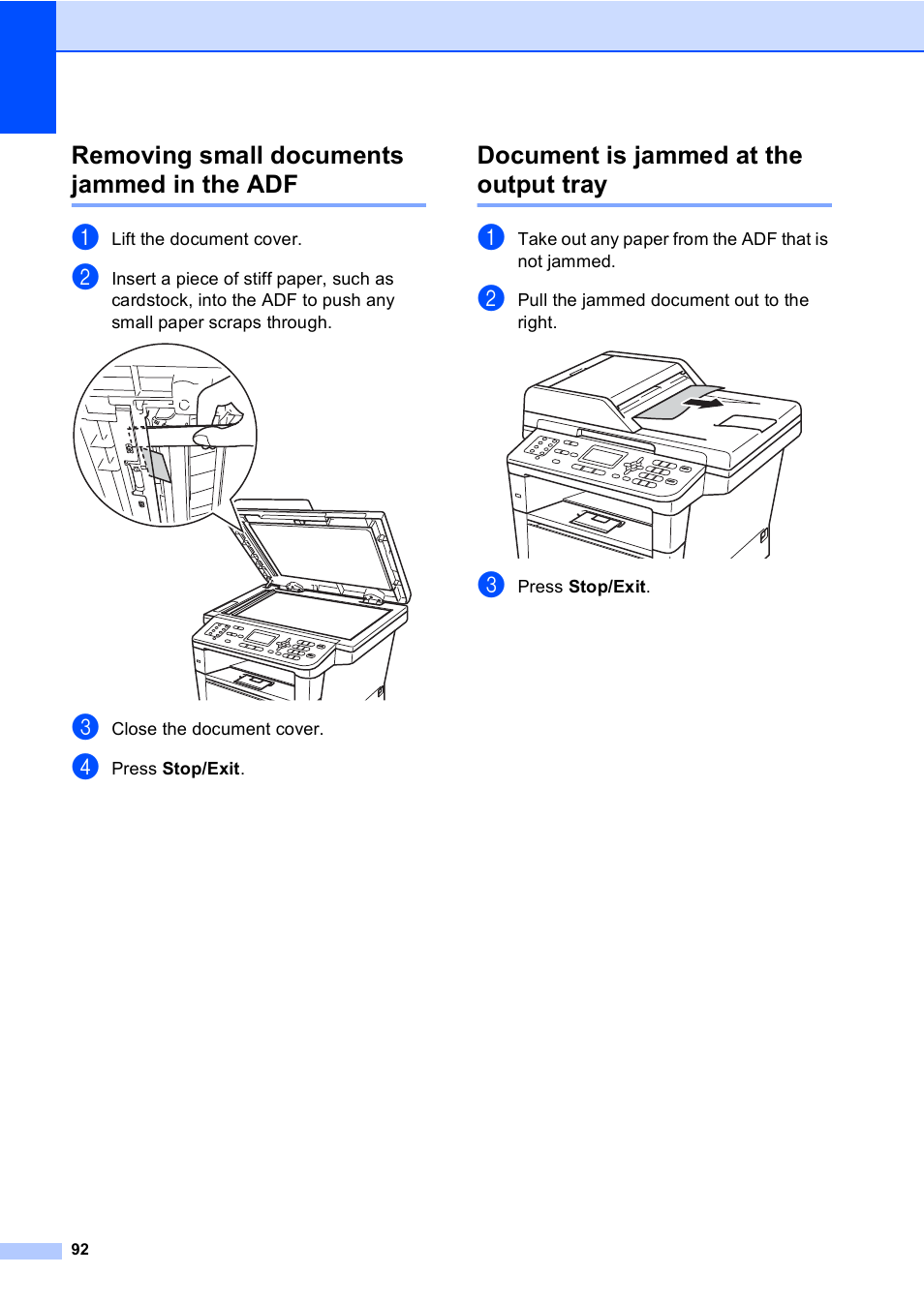 Removing small documents jammed in the adf, Document is jammed at the output tray | Brother MFC-8510DN User Manual | Page 104 / 202