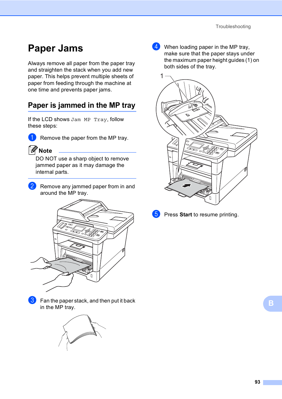 Paper jams, Paper is jammed in the mp tray, Paper is jammed in the mp tray uu | Brother MFC-8510DN User Manual | Page 105 / 202