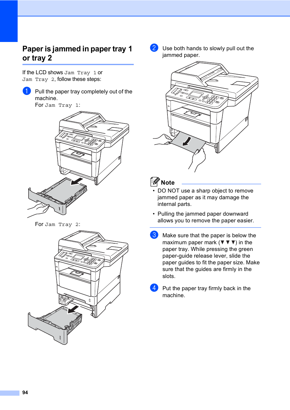 Paper is jammed in paper tray 1 or tray 2, Paper is jammed in paper tray 1 or tray 2 uu | Brother MFC-8510DN User Manual | Page 106 / 202