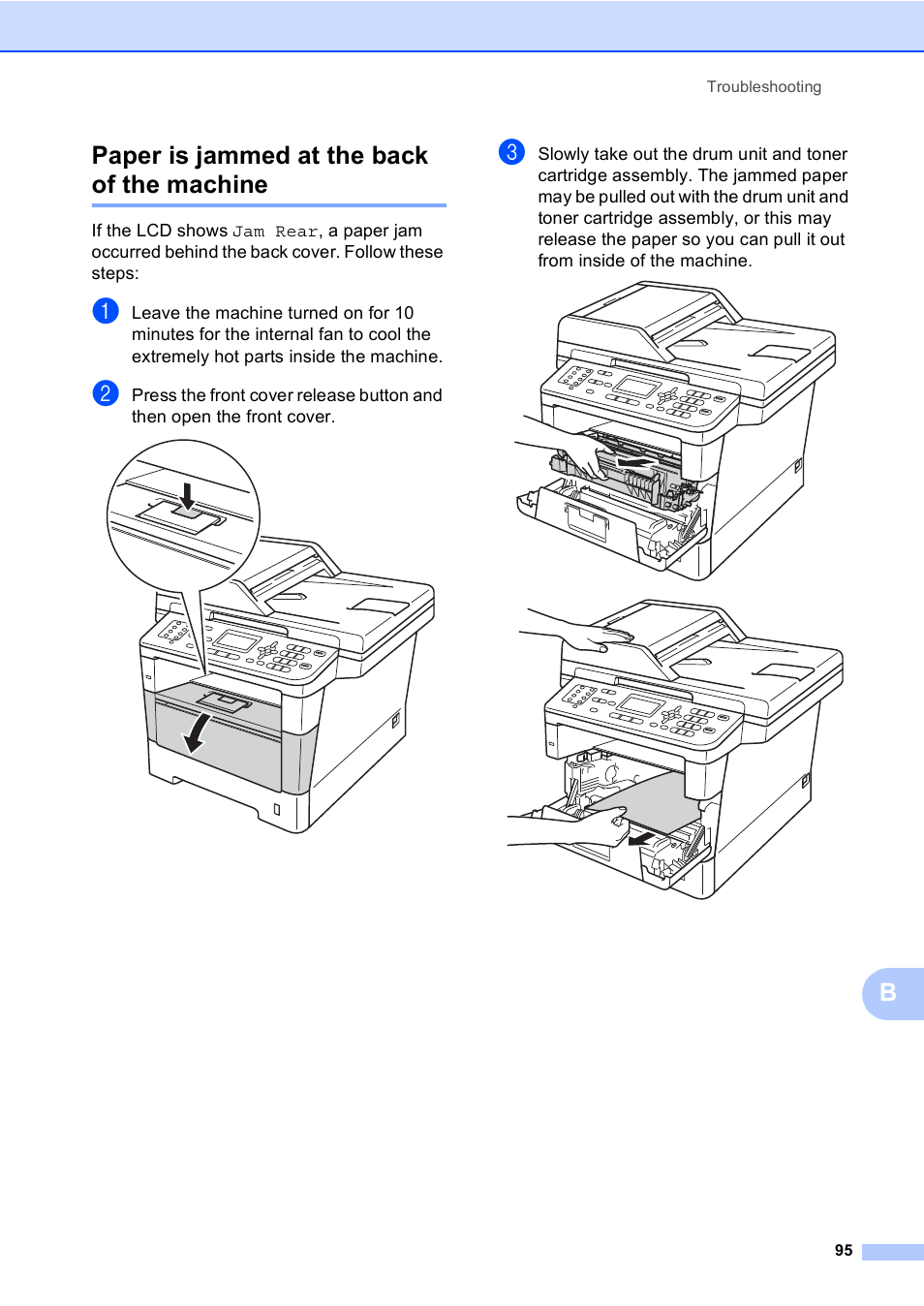 Paper is jammed at the back of the machine, Bpaper is jammed at the back of the machine | Brother MFC-8510DN User Manual | Page 107 / 202