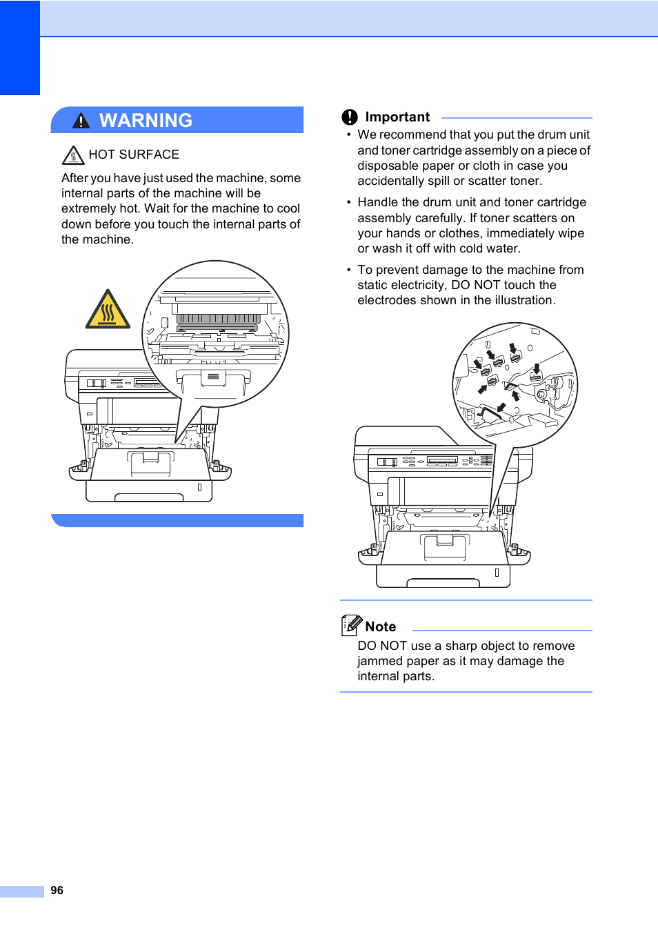 Warning, Important | Brother MFC-8510DN User Manual | Page 108 / 202