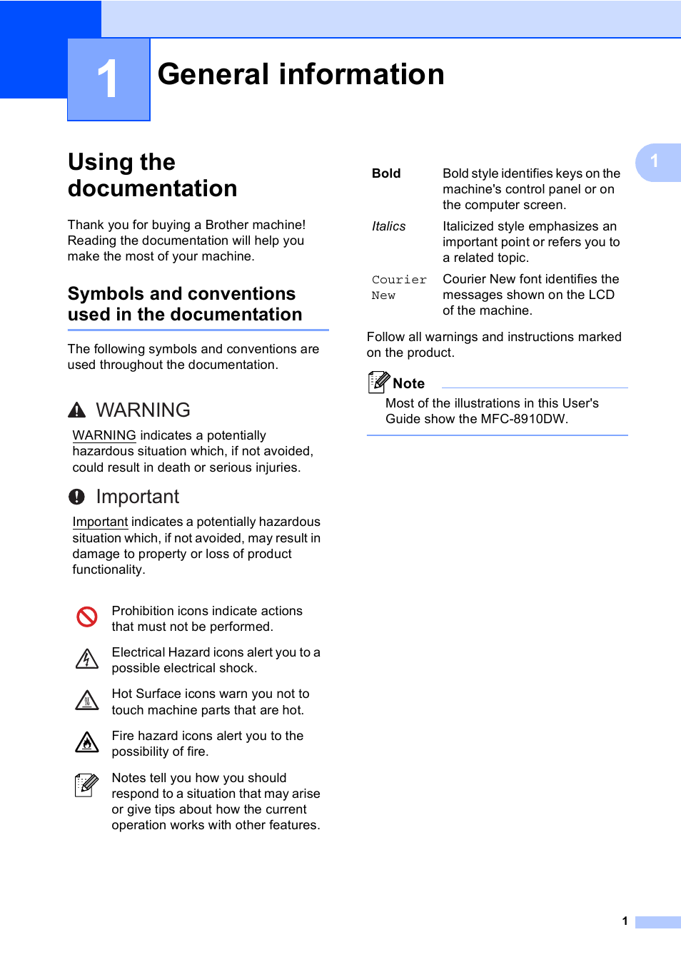 1 general information, Using the documentation, Symbols and conventions used in the documentation | General information, Warning important | Brother MFC-8510DN User Manual | Page 13 / 202