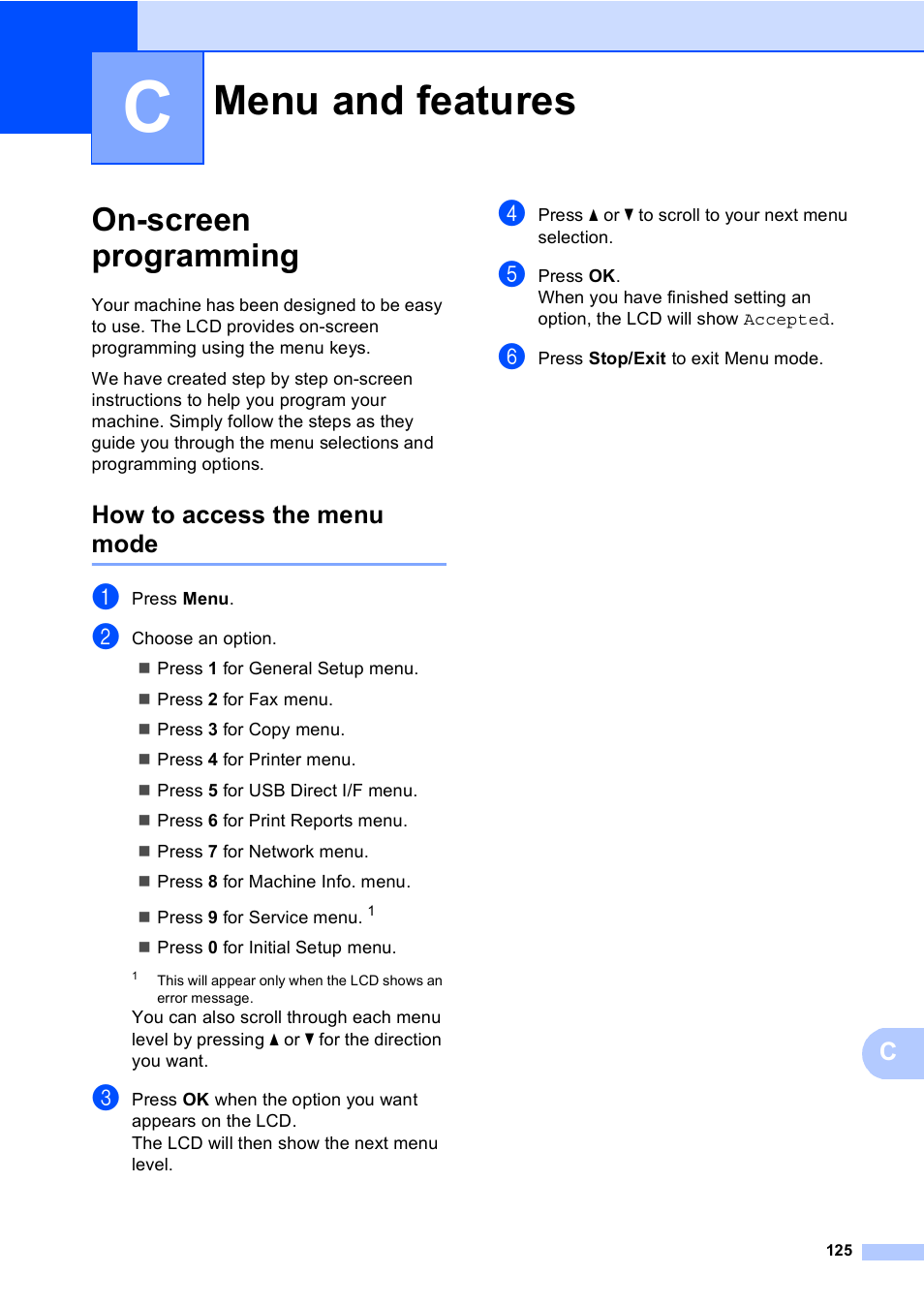 C menu and features, On-screen programming, How to access the menu mode | Menu and features | Brother MFC-8510DN User Manual | Page 137 / 202