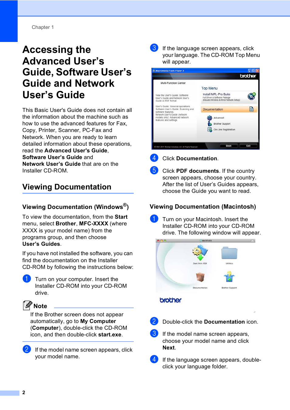 Viewing documentation, Viewing documentation (windows®), Viewing documentation (macintosh) | Network user’s guide | Brother MFC-8510DN User Manual | Page 14 / 202