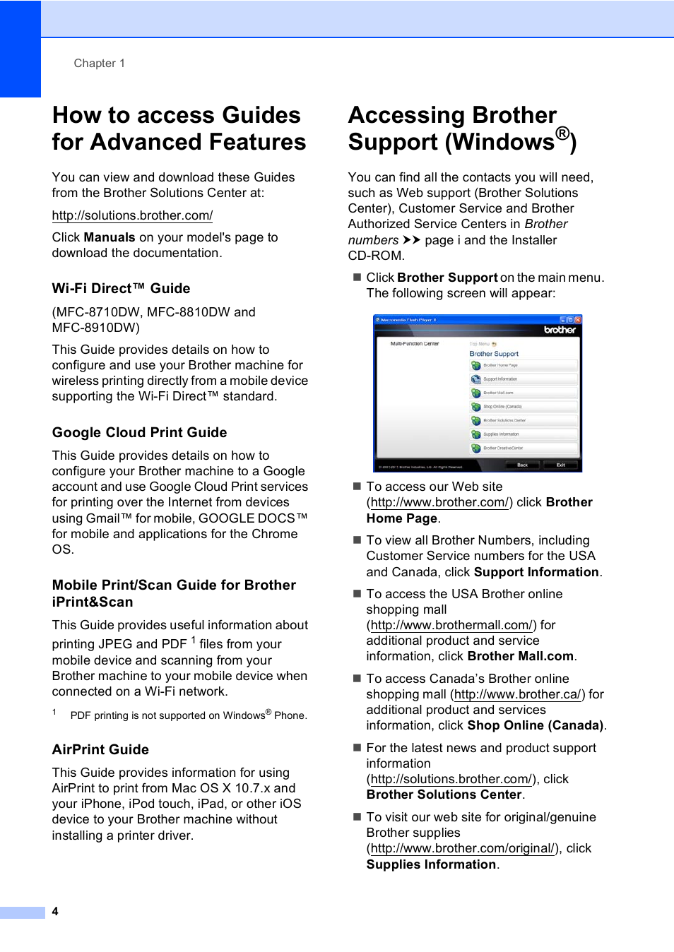 How to access guides for advanced features, Accessing brother support (windows®), Accessing brother support (windows | Brother MFC-8510DN User Manual | Page 16 / 202
