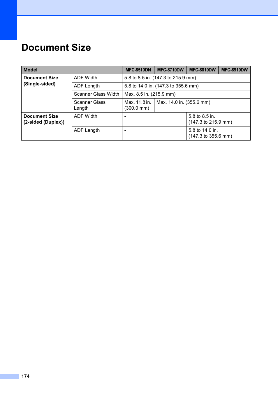 Document size | Brother MFC-8510DN User Manual | Page 186 / 202