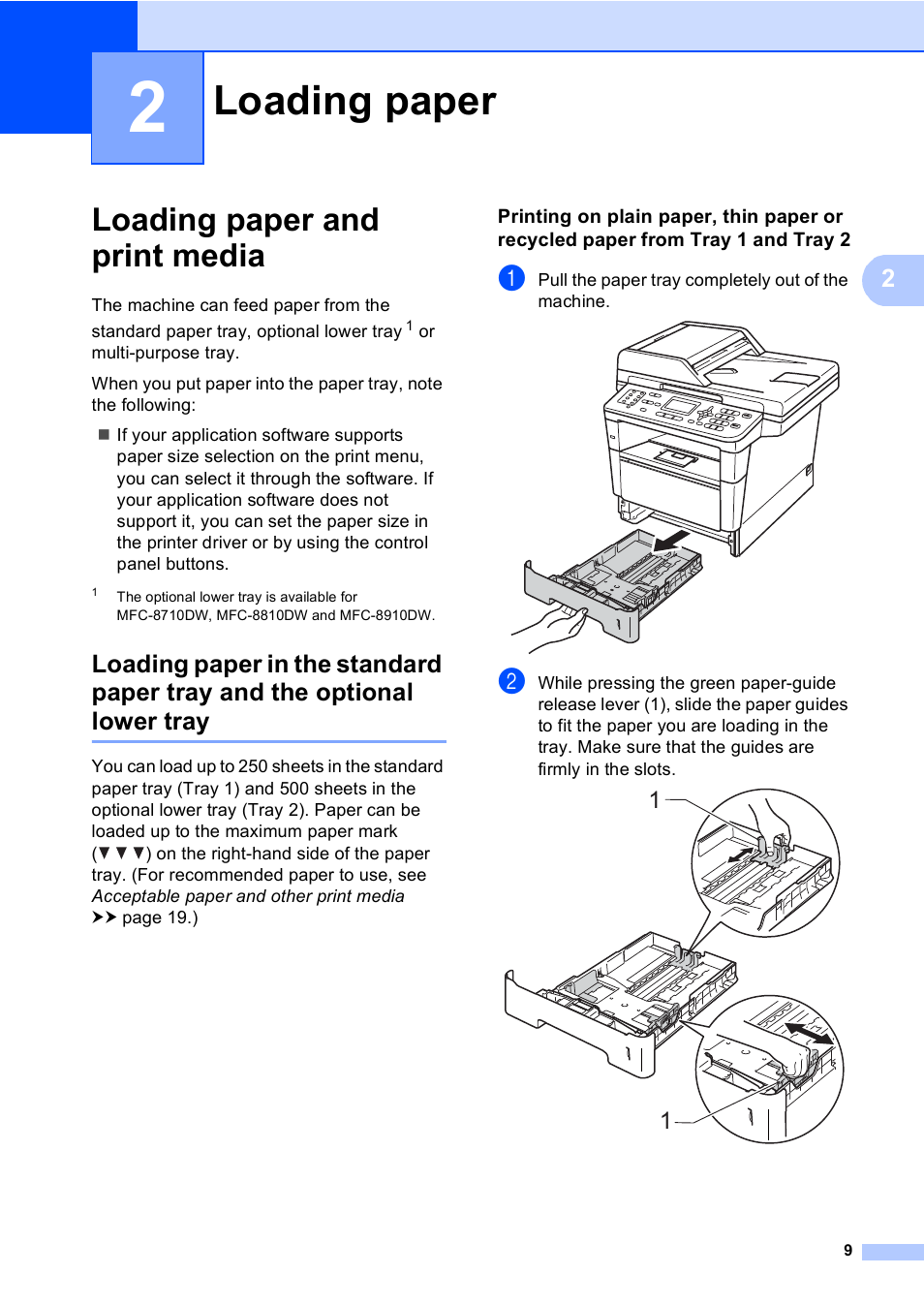 2 loading paper, Loading paper and print media, Loading paper | Brother MFC-8510DN User Manual | Page 21 / 202