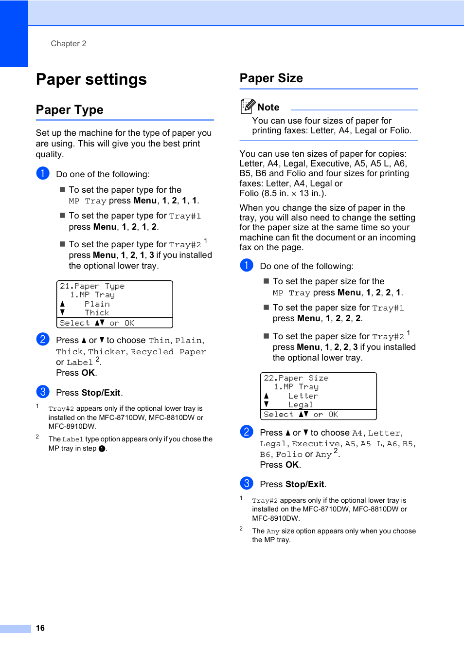 Paper settings, Paper type, Paper size | Paper type paper size | Brother MFC-8510DN User Manual | Page 28 / 202