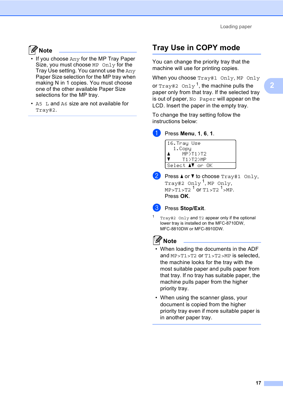 Tray use in copy mode | Brother MFC-8510DN User Manual | Page 29 / 202