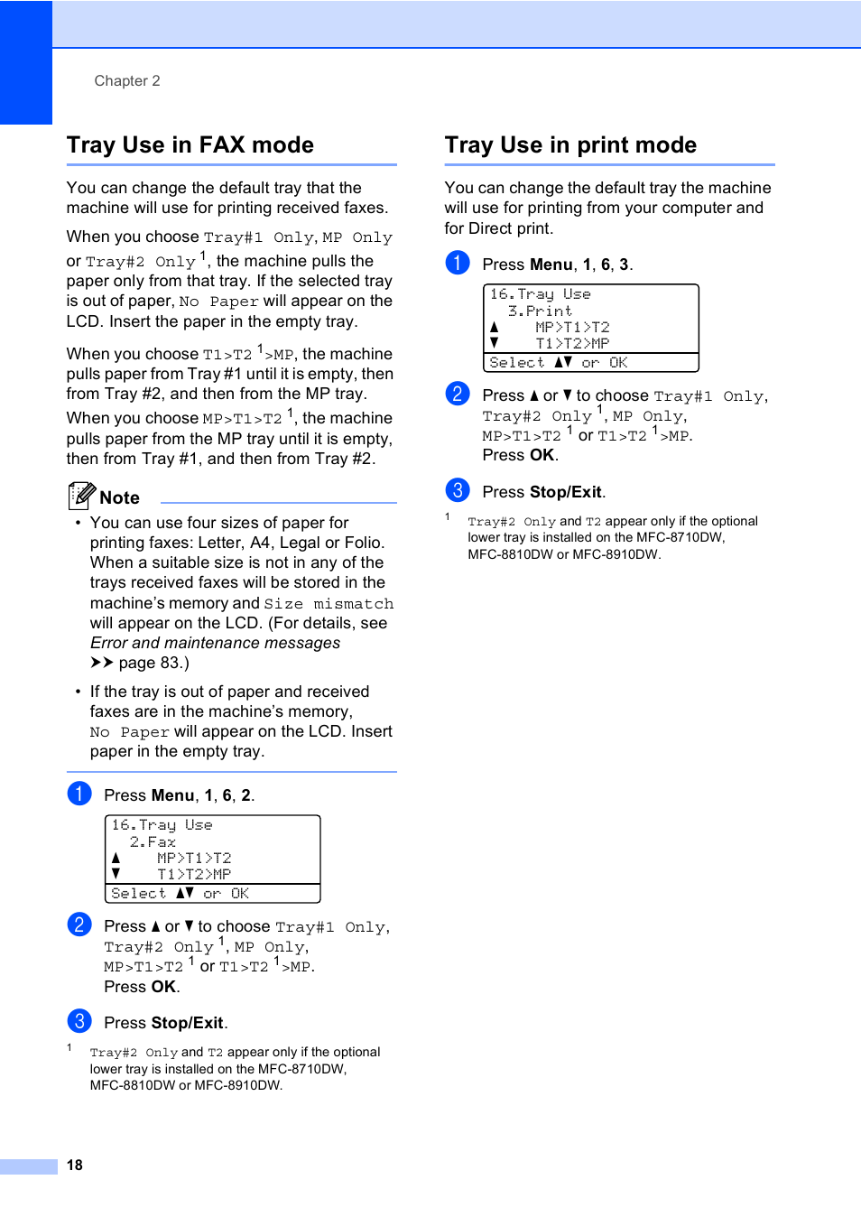 Tray use in fax mode, Tray use in print mode, Tray use in fax mode tray use in print mode | Brother MFC-8510DN User Manual | Page 30 / 202