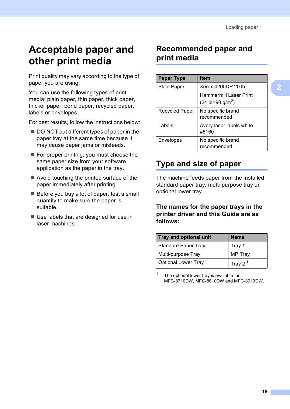 Acceptable paper and other print media, Recommended paper and print media, Type and size of paper | Acceptable paper and other print media uu | Brother MFC-8510DN User Manual | Page 31 / 202