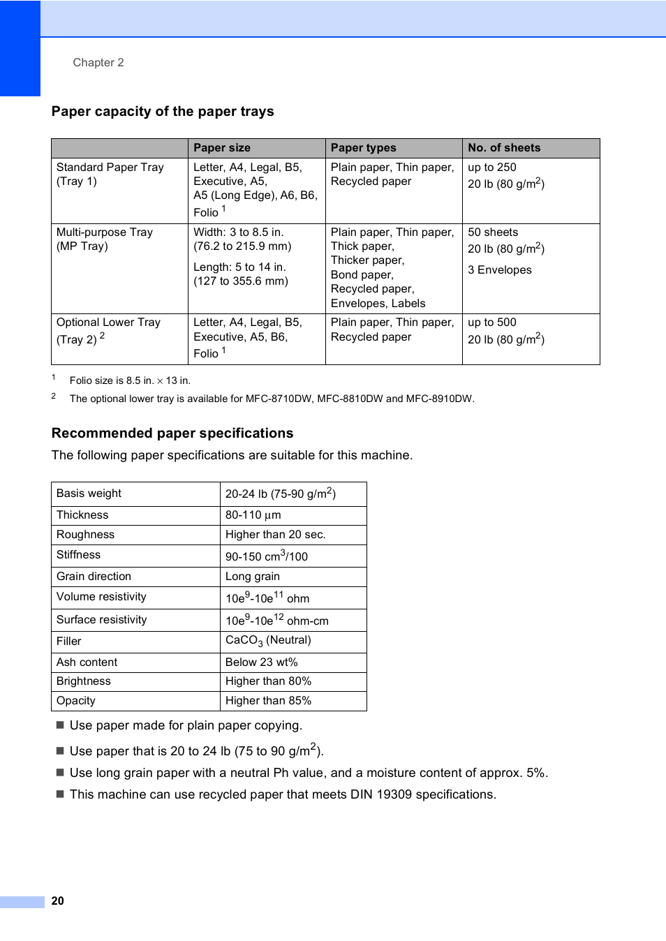 Paper capacity of the paper trays, Recommended paper specifications | Brother MFC-8510DN User Manual | Page 32 / 202