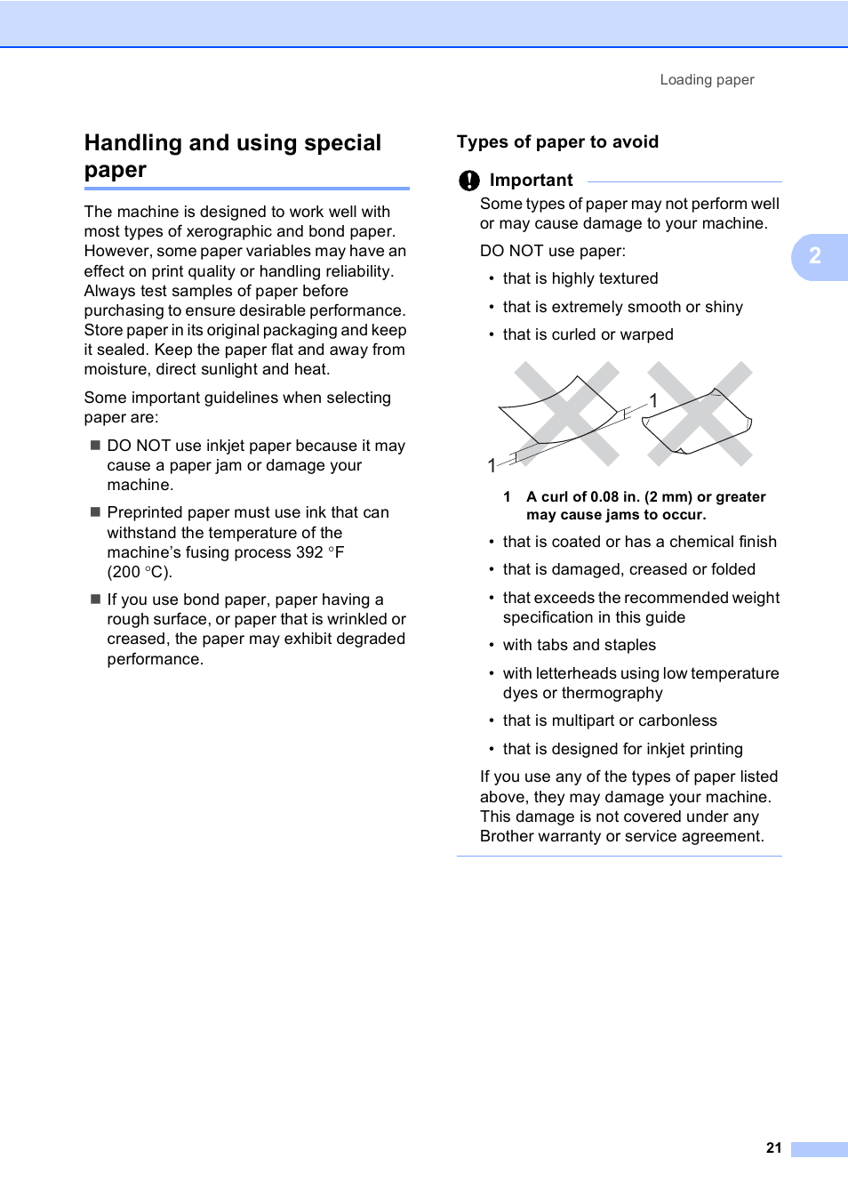 Handling and using special paper, Types of paper to avoid, 2handling and using special paper | Brother MFC-8510DN User Manual | Page 33 / 202