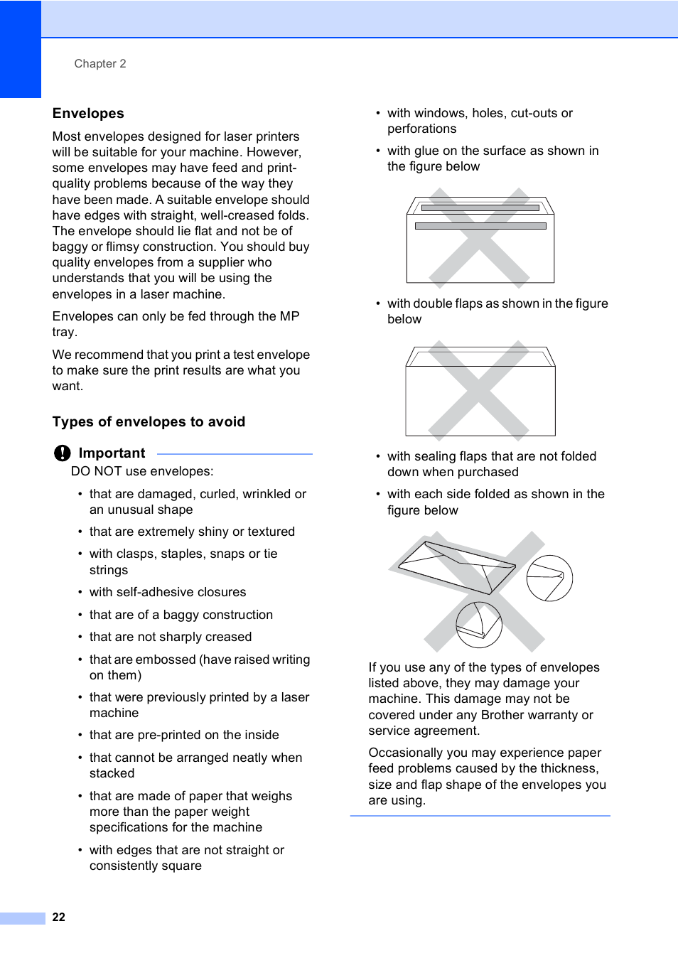 Envelopes, Types of envelopes to avoid | Brother MFC-8510DN User Manual | Page 34 / 202