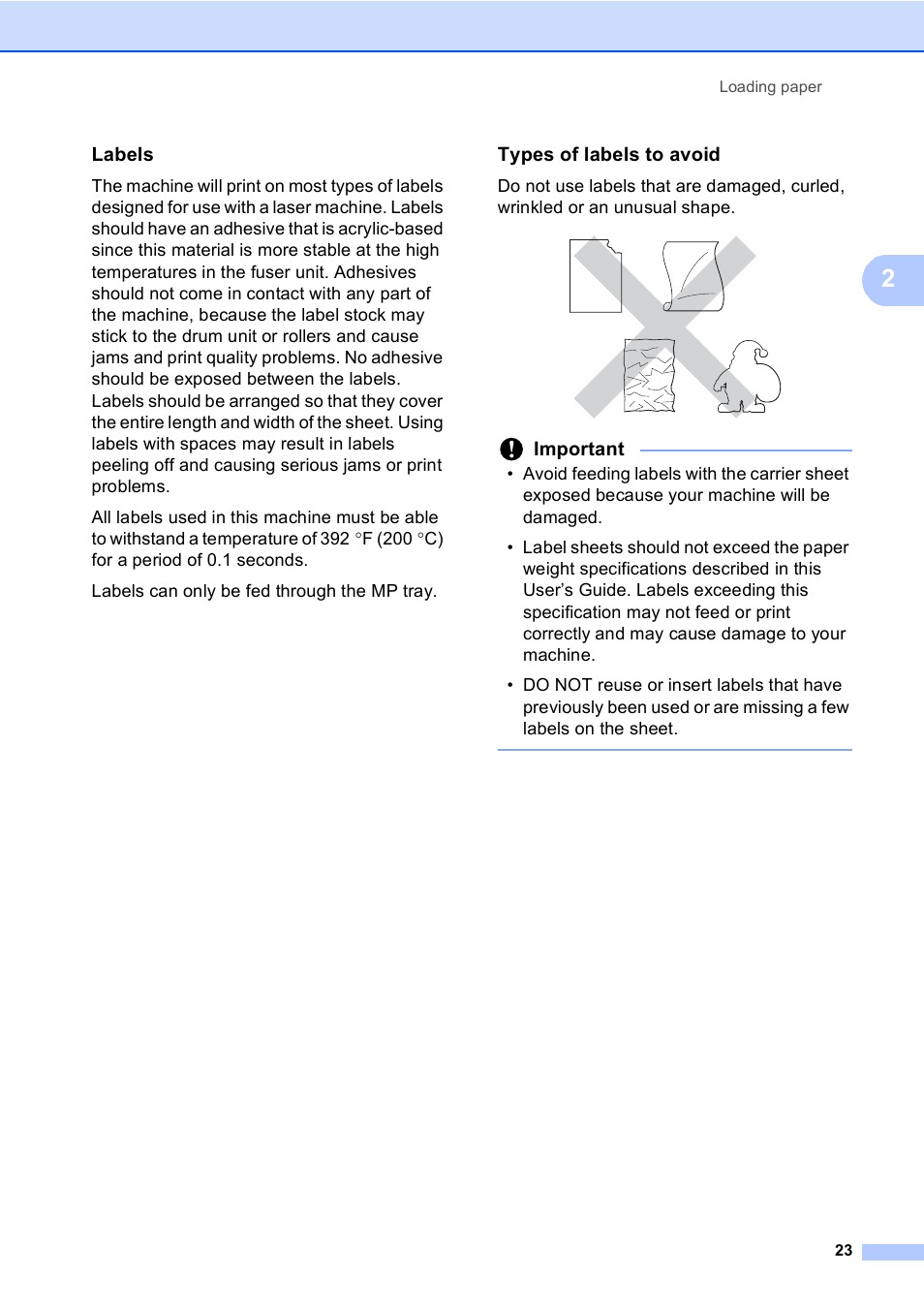 Labels, Types of labels to avoid, Important | Brother MFC-8510DN User Manual | Page 35 / 202