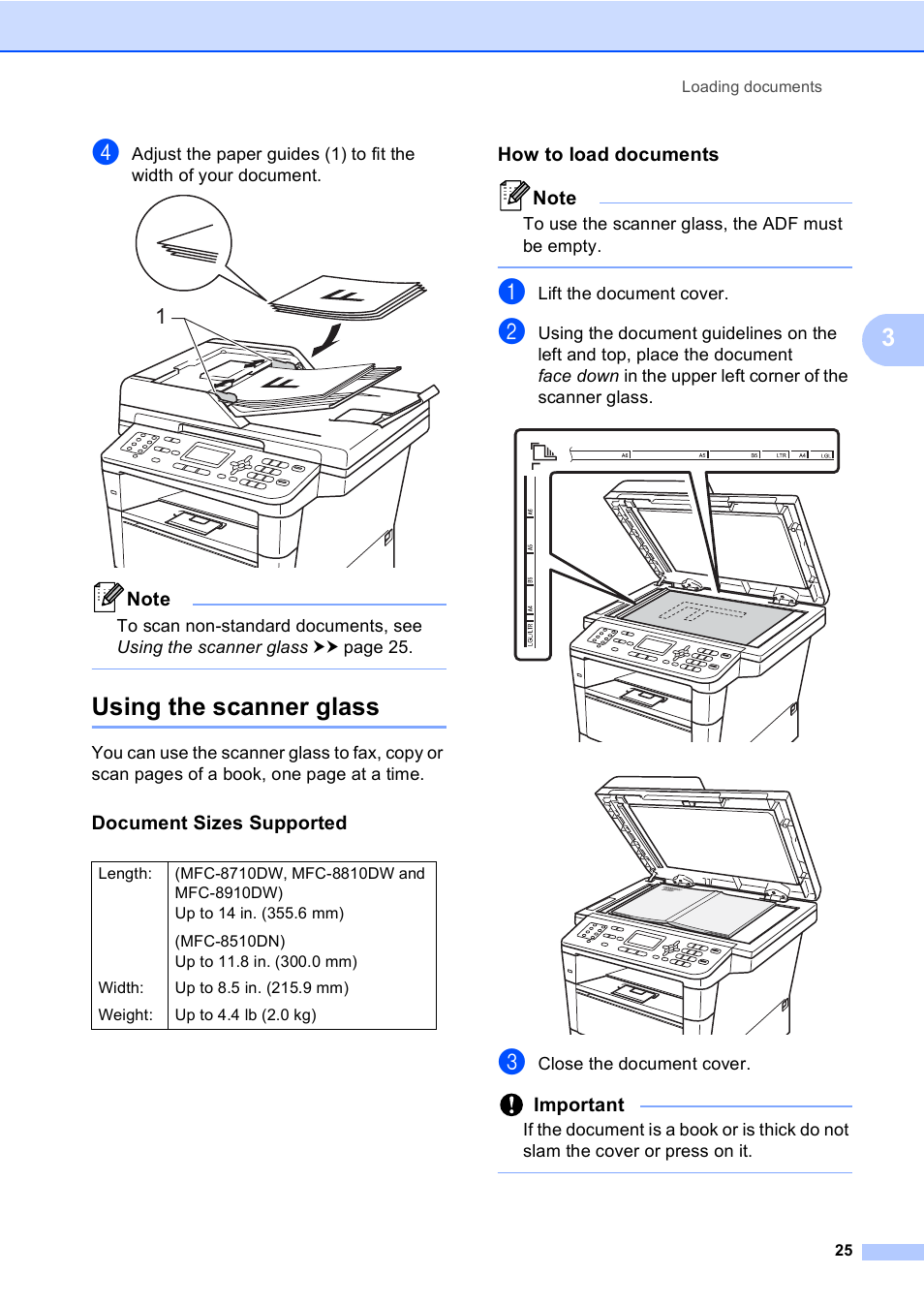 Using the scanner glass, Document sizes supported, How to load documents | Brother MFC-8510DN User Manual | Page 37 / 202