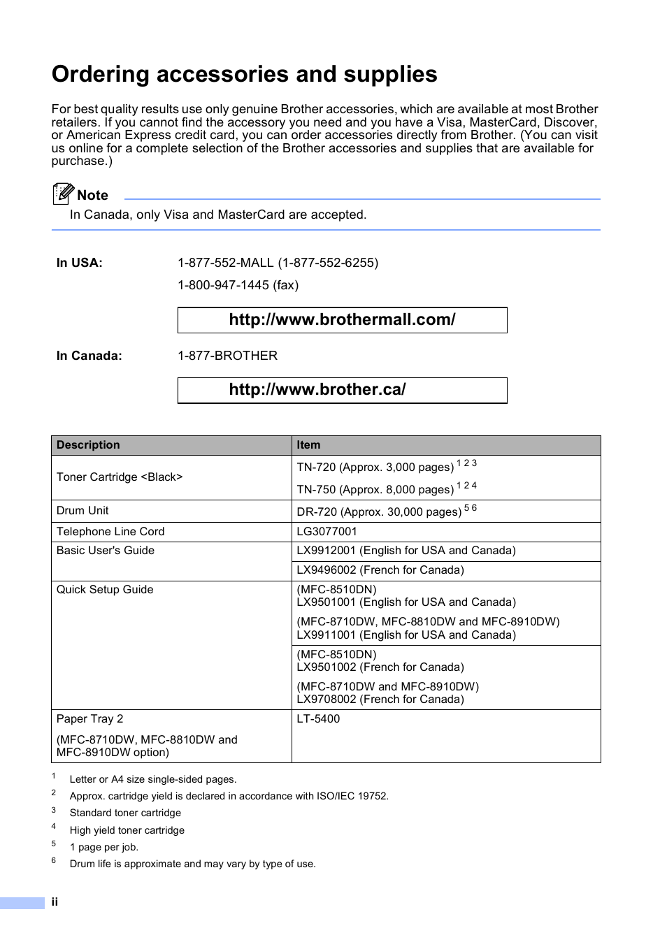 Ordering accessories and supplies | Brother MFC-8510DN User Manual | Page 4 / 202