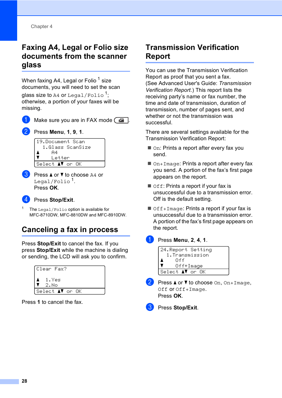 Canceling a fax in process, Transmission verification report | Brother MFC-8510DN User Manual | Page 40 / 202