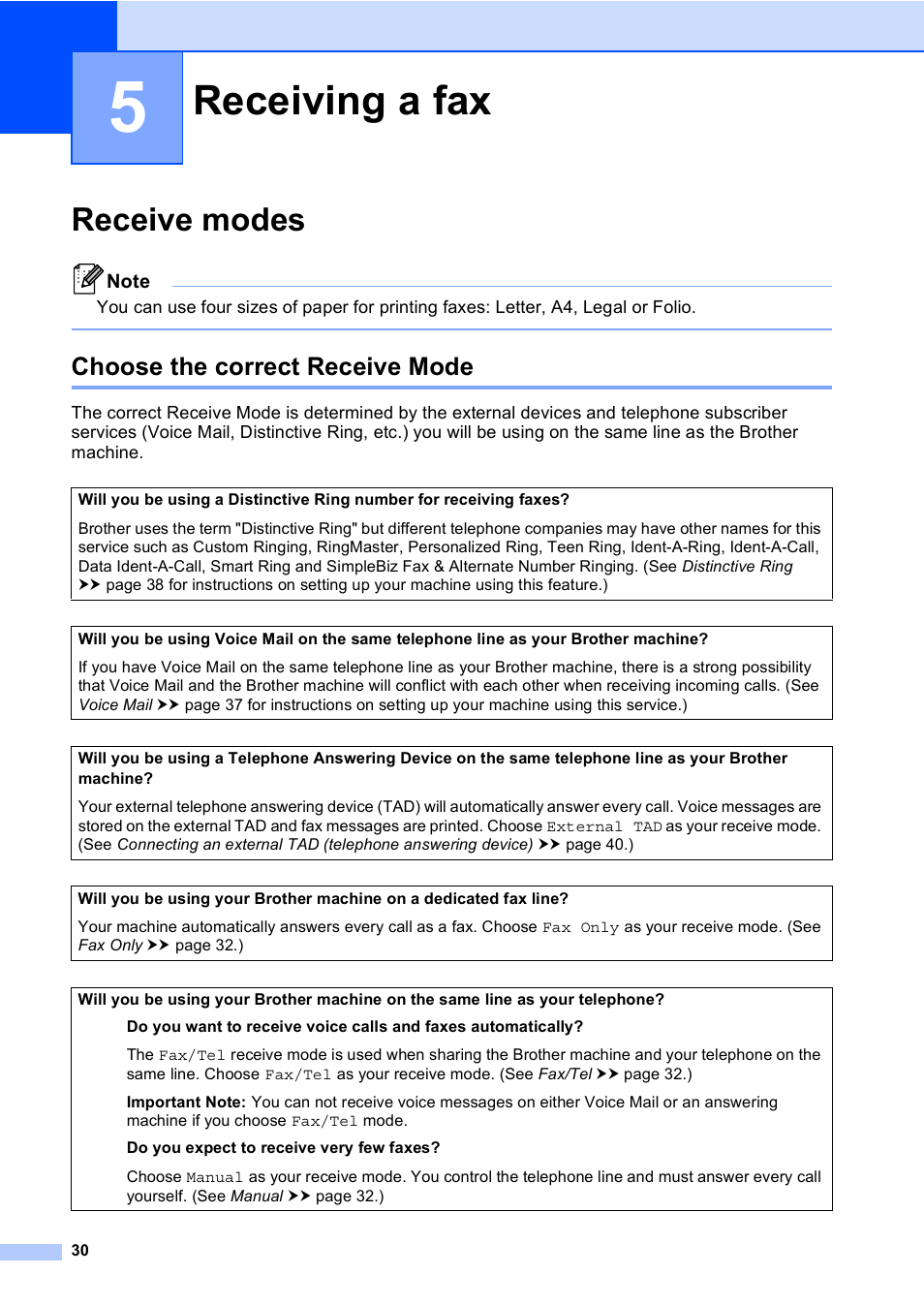 5 receiving a fax, Receive modes, Choose the correct receive mode | Receiving a fax | Brother MFC-8510DN User Manual | Page 42 / 202