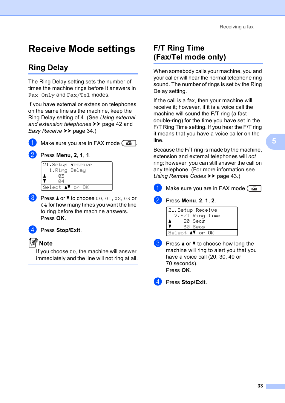 Receive mode settings, Ring delay, F/t ring time (fax/tel mode only) | Ring delay f/t ring time (fax/tel mode only), Ee f/t ring time (fax/tel mode only) uu | Brother MFC-8510DN User Manual | Page 45 / 202