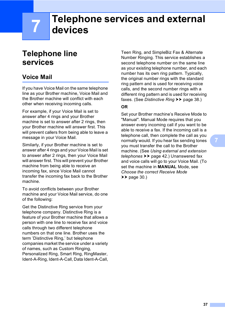 7 telephone services and external devices, Telephone line services, Voice mail | Telephone services and external devices | Brother MFC-8510DN User Manual | Page 49 / 202