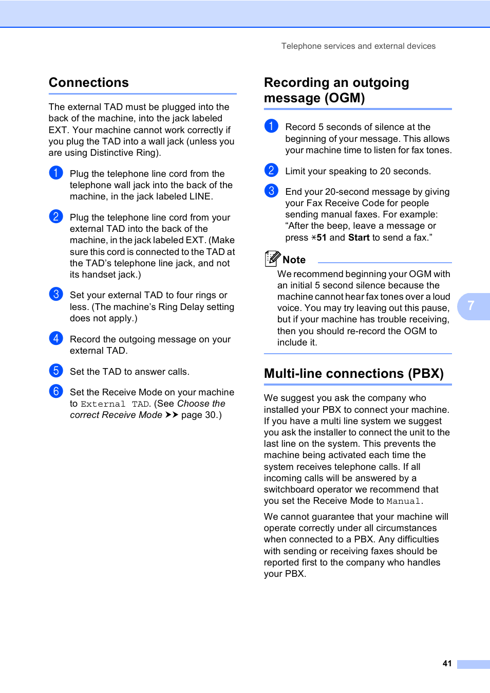 Connections, Recording an outgoing message (ogm), Multi-line connections (pbx) | 7connections | Brother MFC-8510DN User Manual | Page 53 / 202