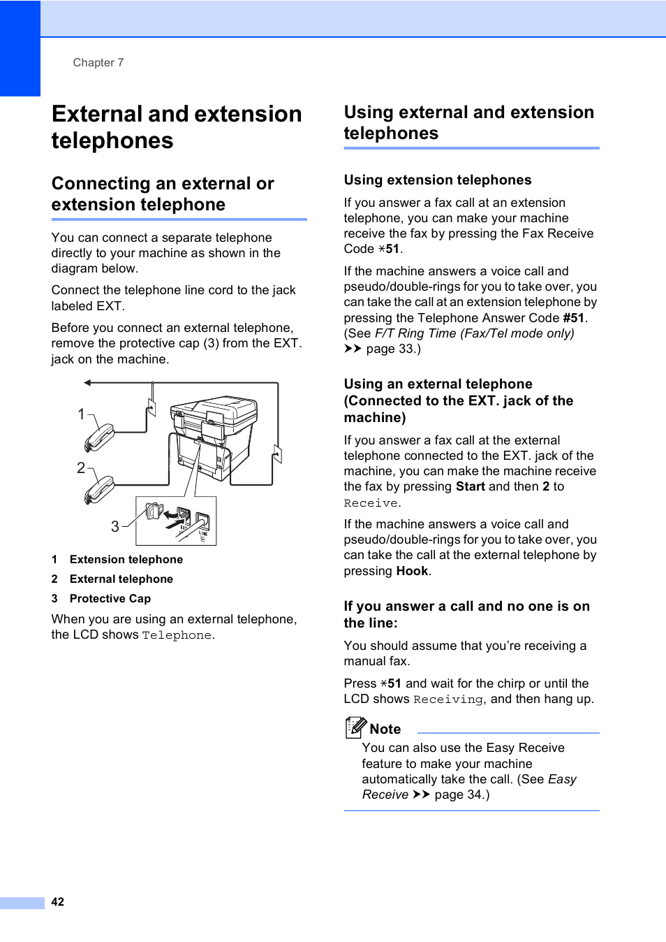 External and extension telephones, Connecting an external or extension telephone, Using external and extension telephones | Using extension telephones, If you answer a call and no one is on the line | Brother MFC-8510DN User Manual | Page 54 / 202