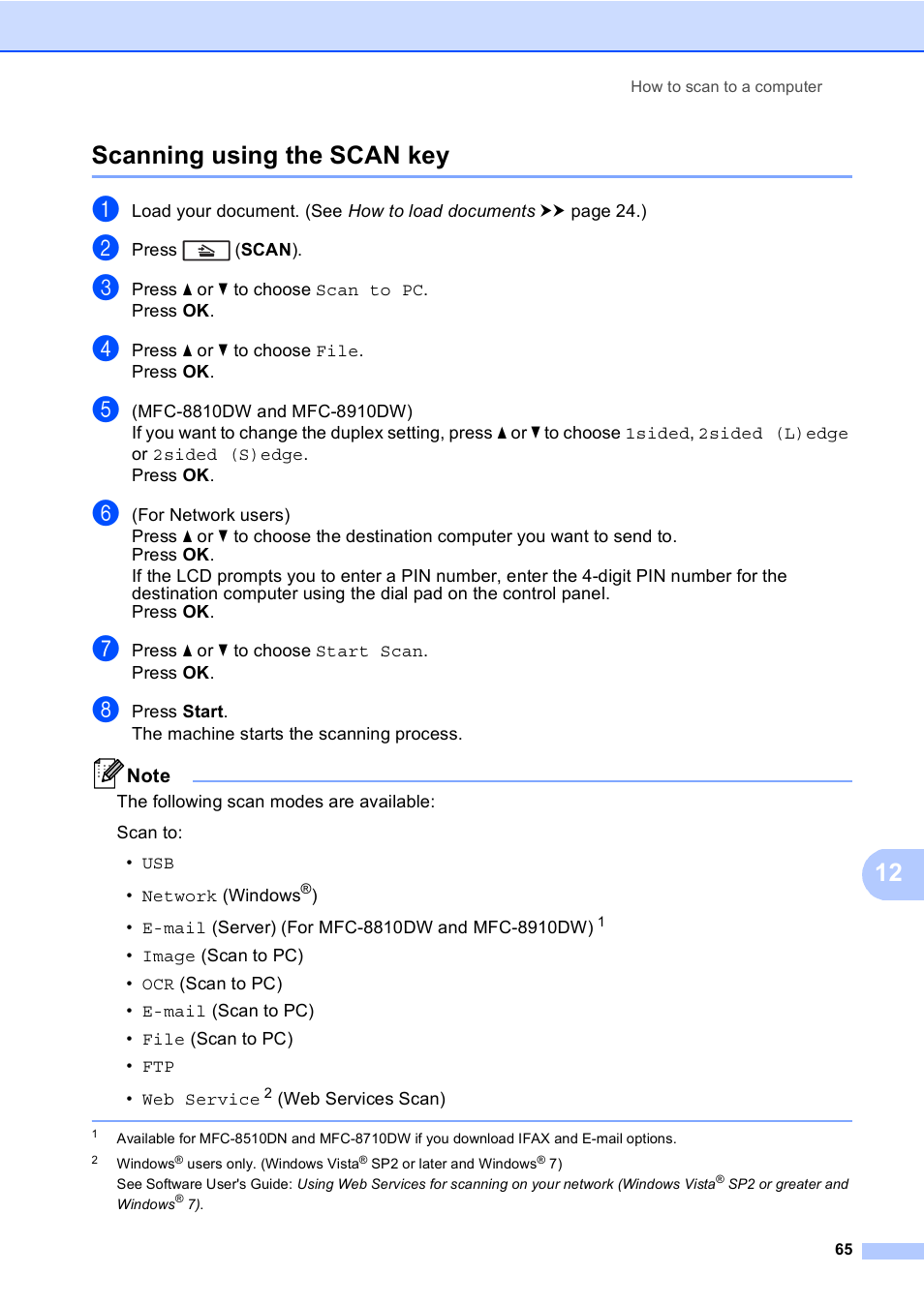 Scanning using the scan key, 12 scanning using the scan key | Brother MFC-8510DN User Manual | Page 77 / 202