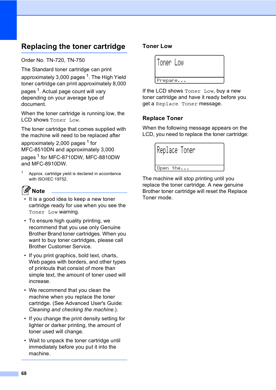 Replacing the toner cartridge, Toner low, Replace toner | Brother MFC-8510DN User Manual | Page 80 / 202