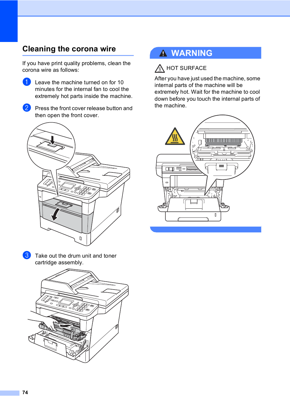 Cleaning the corona wire, Warning | Brother MFC-8510DN User Manual | Page 86 / 202