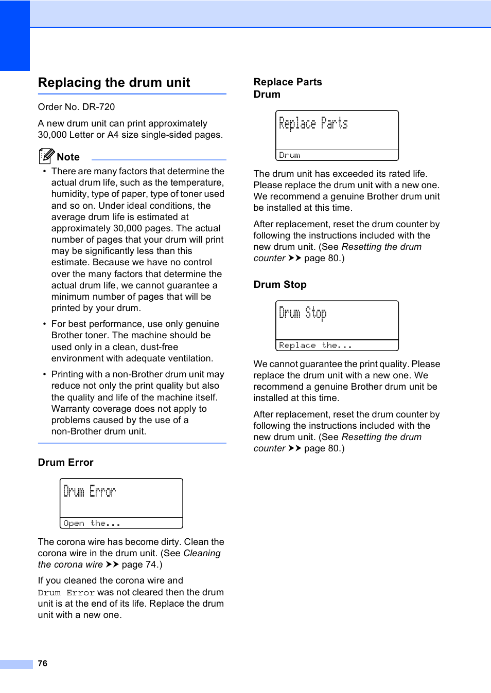 Replacing the drum unit, Drum error, Replace parts drum | Drum stop, Replace parts | Brother MFC-8510DN User Manual | Page 88 / 202