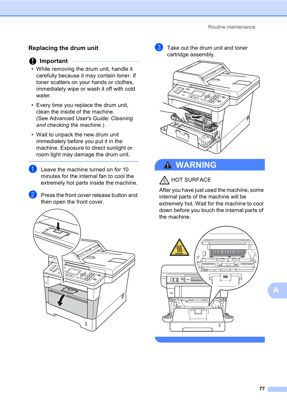 Replacing the drum unit, Warning | Brother MFC-8510DN User Manual | Page 89 / 202
