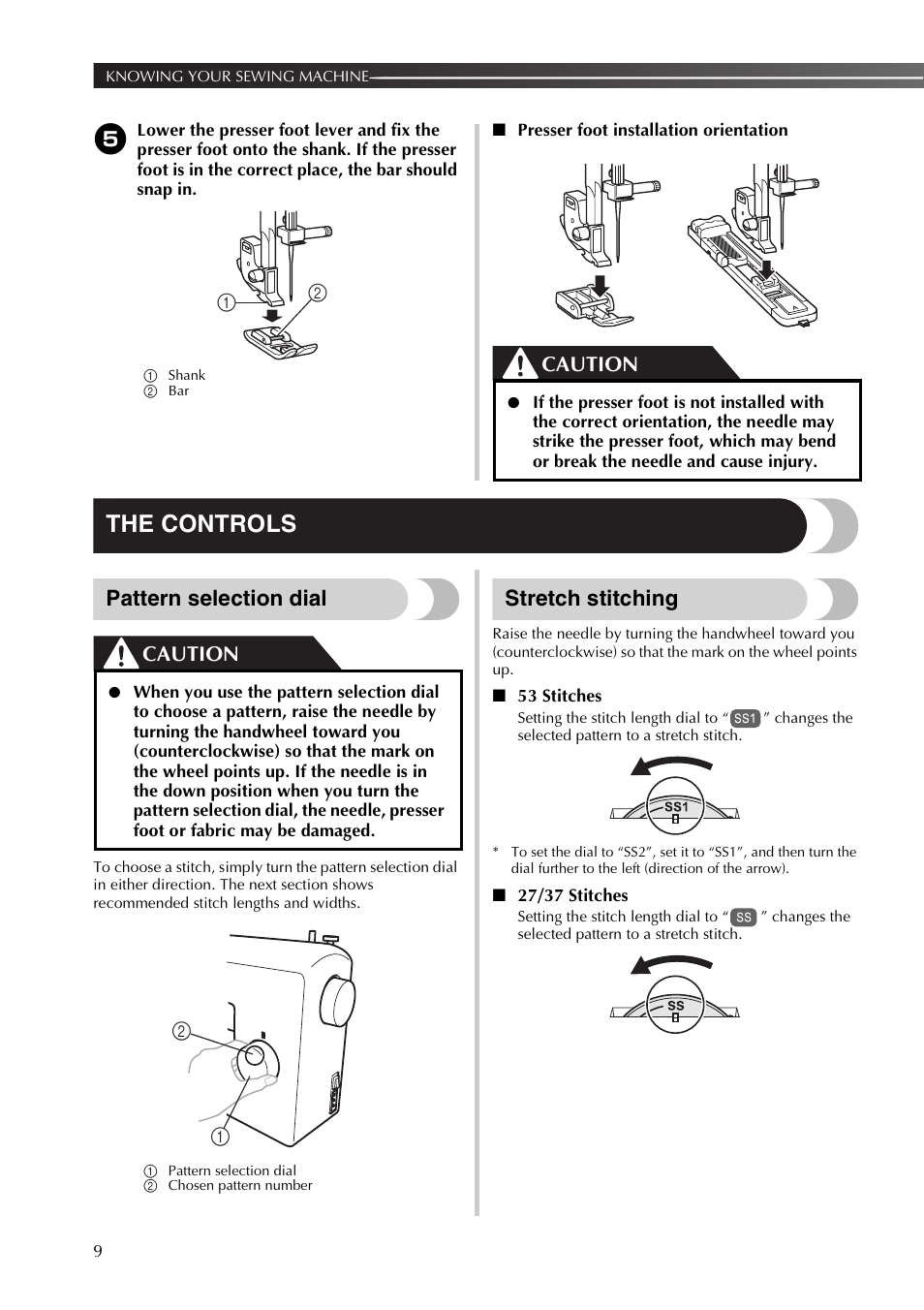 The controls, Pattern selection dial, Stretch stitching | Caution | Brother XR53 User Manual | Page 10 / 108