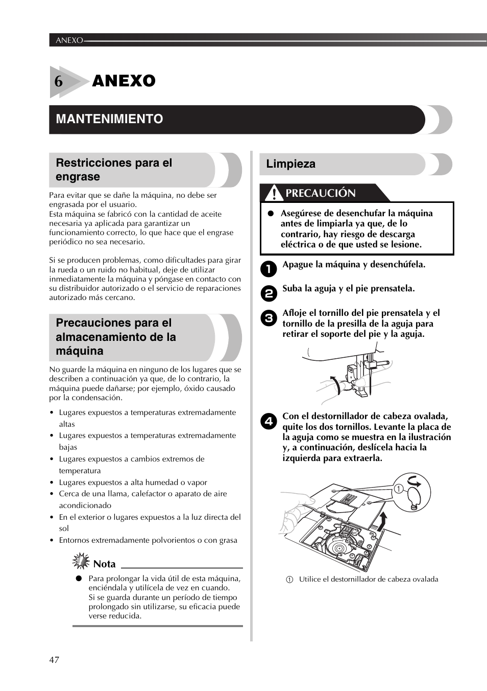 6anexo, Mantenimiento, Restricciones para el engrase | Precauciones para el almacenamiento de la máquina, Limpieza, Precaución, Nota | Brother XR53 User Manual | Page 100 / 108