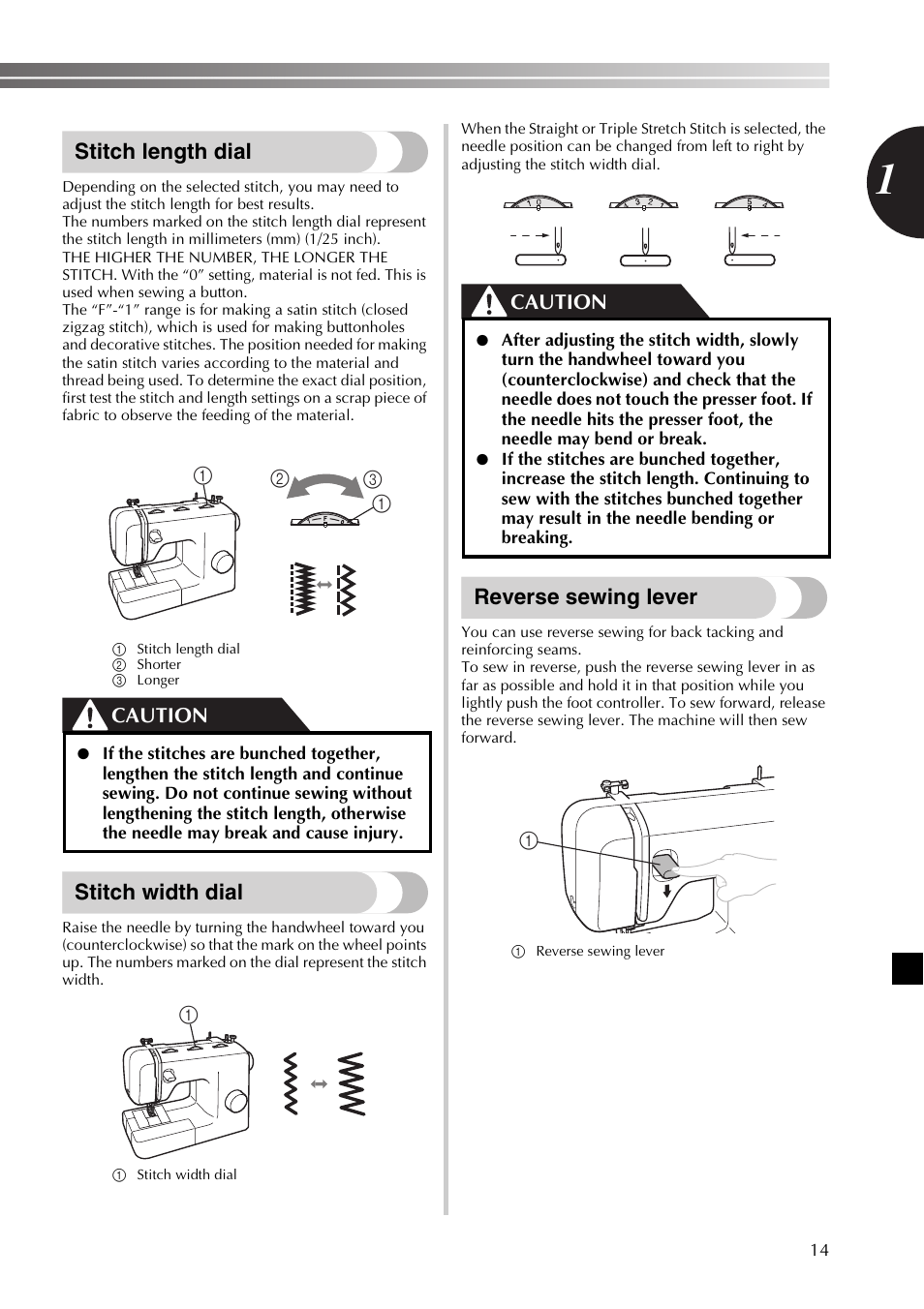 Stitch length dial, Stitch width dial, Reverse sewing lever | Caution | Brother XR53 User Manual | Page 15 / 108