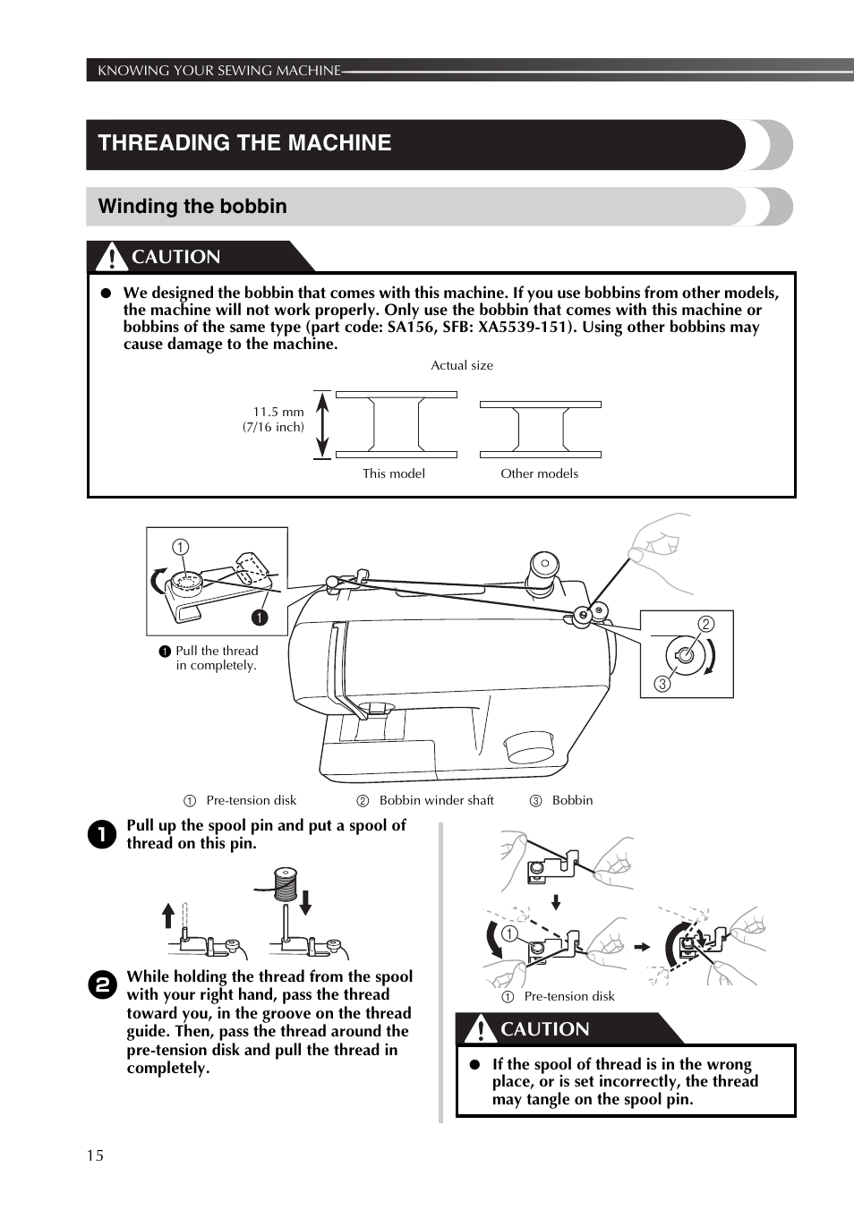 Threading the machine, Winding the bobbin, Caution | Brother XR53 User Manual | Page 16 / 108