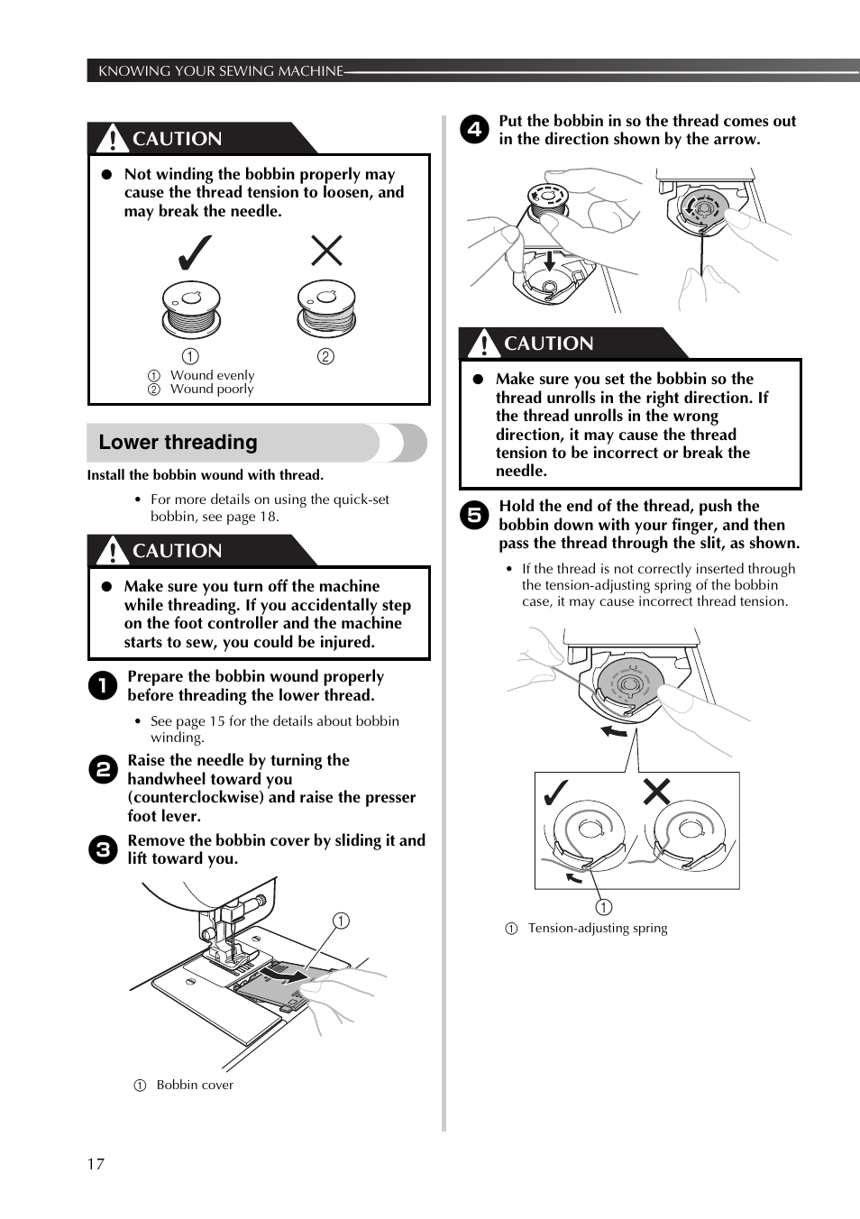 Lower threading, Caution | Brother XR53 User Manual | Page 18 / 108