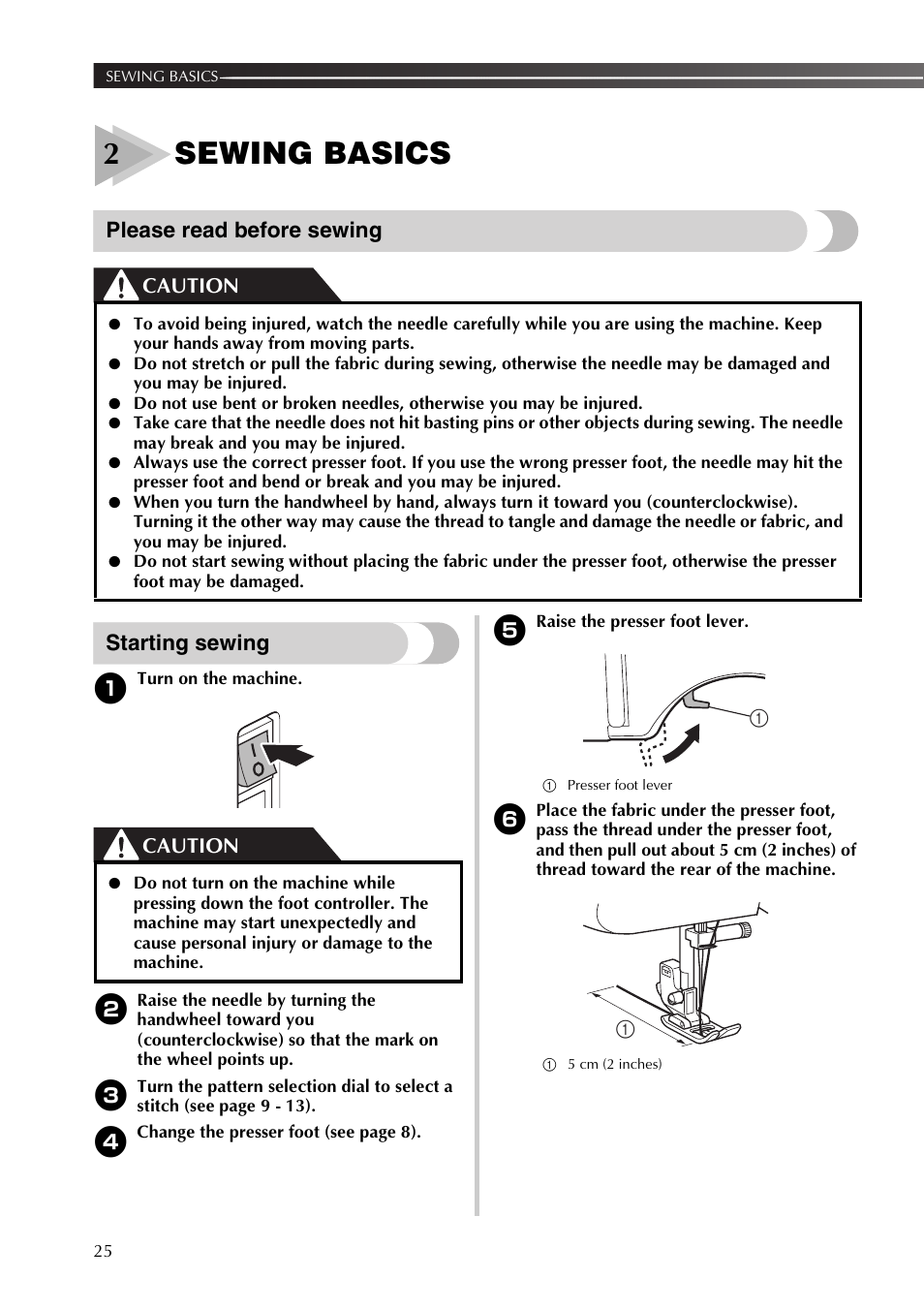 2sewing basics, Please read before sewing, Starting sewing | Caution | Brother XR53 User Manual | Page 26 / 108