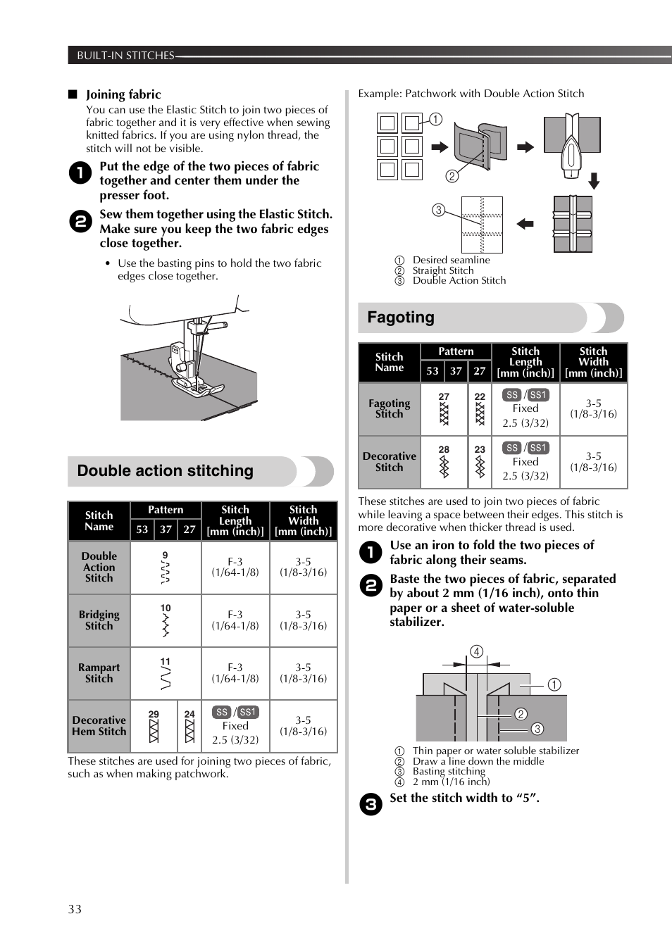 Double action stitching, Fagoting | Brother XR53 User Manual | Page 34 / 108