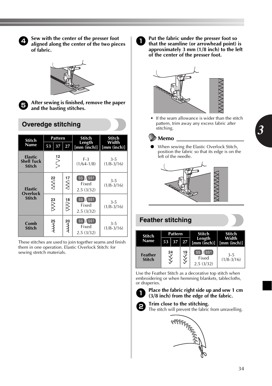 Overedge stitching, Feather stitching | Brother XR53 User Manual | Page 35 / 108