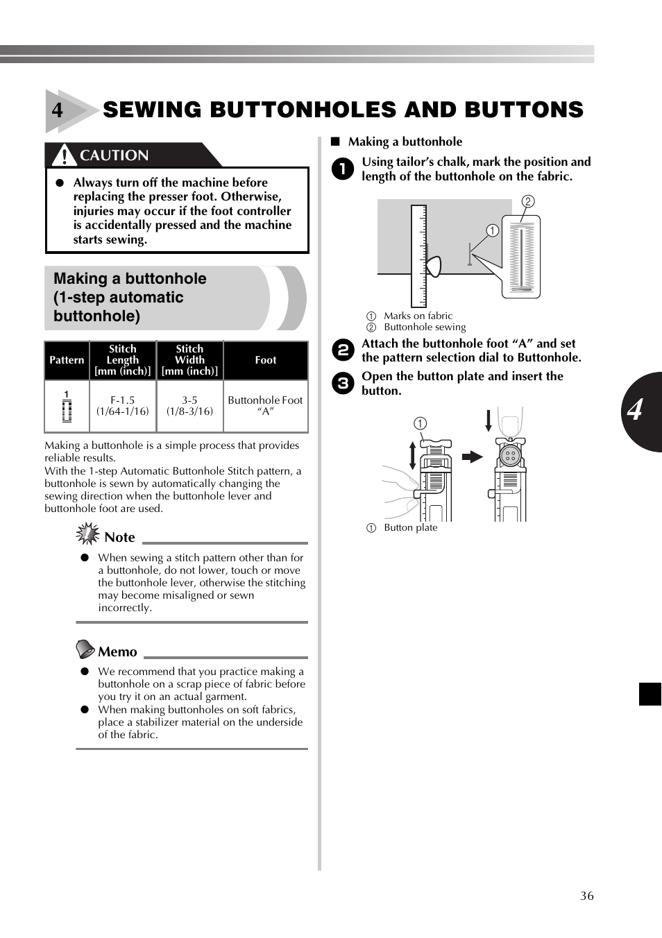 4sewing buttonholes and buttons, Making a buttonhole (1-step automatic buttonhole), Caution | Brother XR53 User Manual | Page 37 / 108