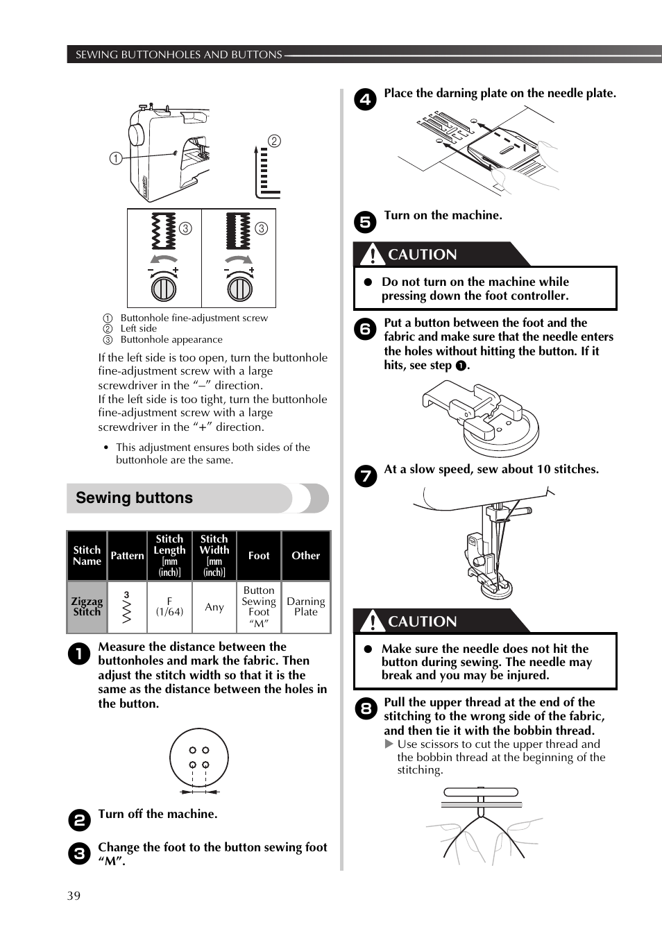 Sewing buttons, Caution | Brother XR53 User Manual | Page 40 / 108