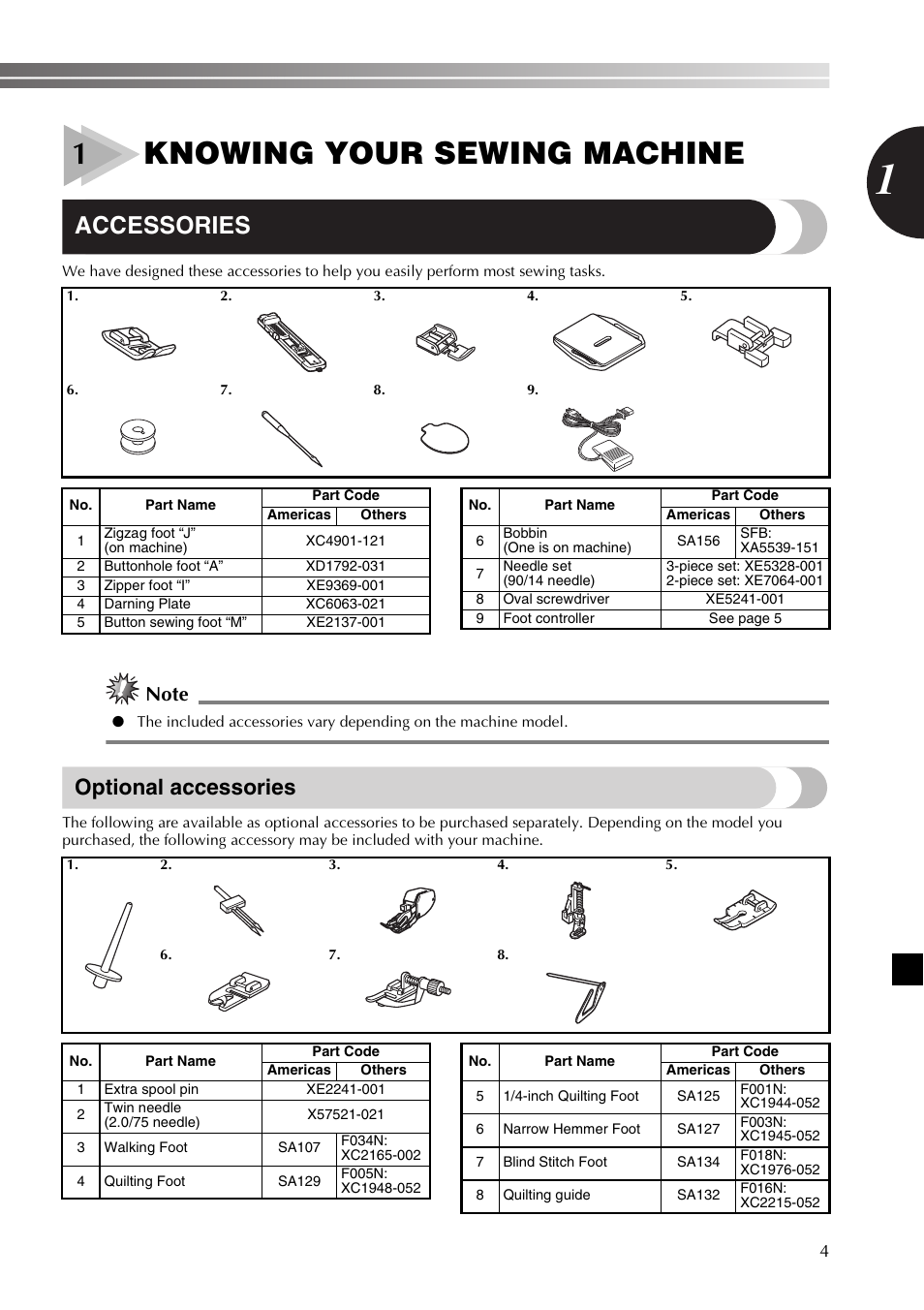 1knowing your sewing machine, Accessories, Optional accessories | Brother XR53 User Manual | Page 5 / 108