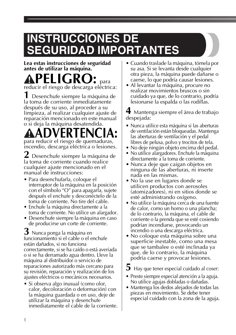 Peligro, Advertencia, Instrucciones de seguridad importantes | Para reducir el riesgo de descarga eléctrica | Brother XR53 User Manual | Page 54 / 108