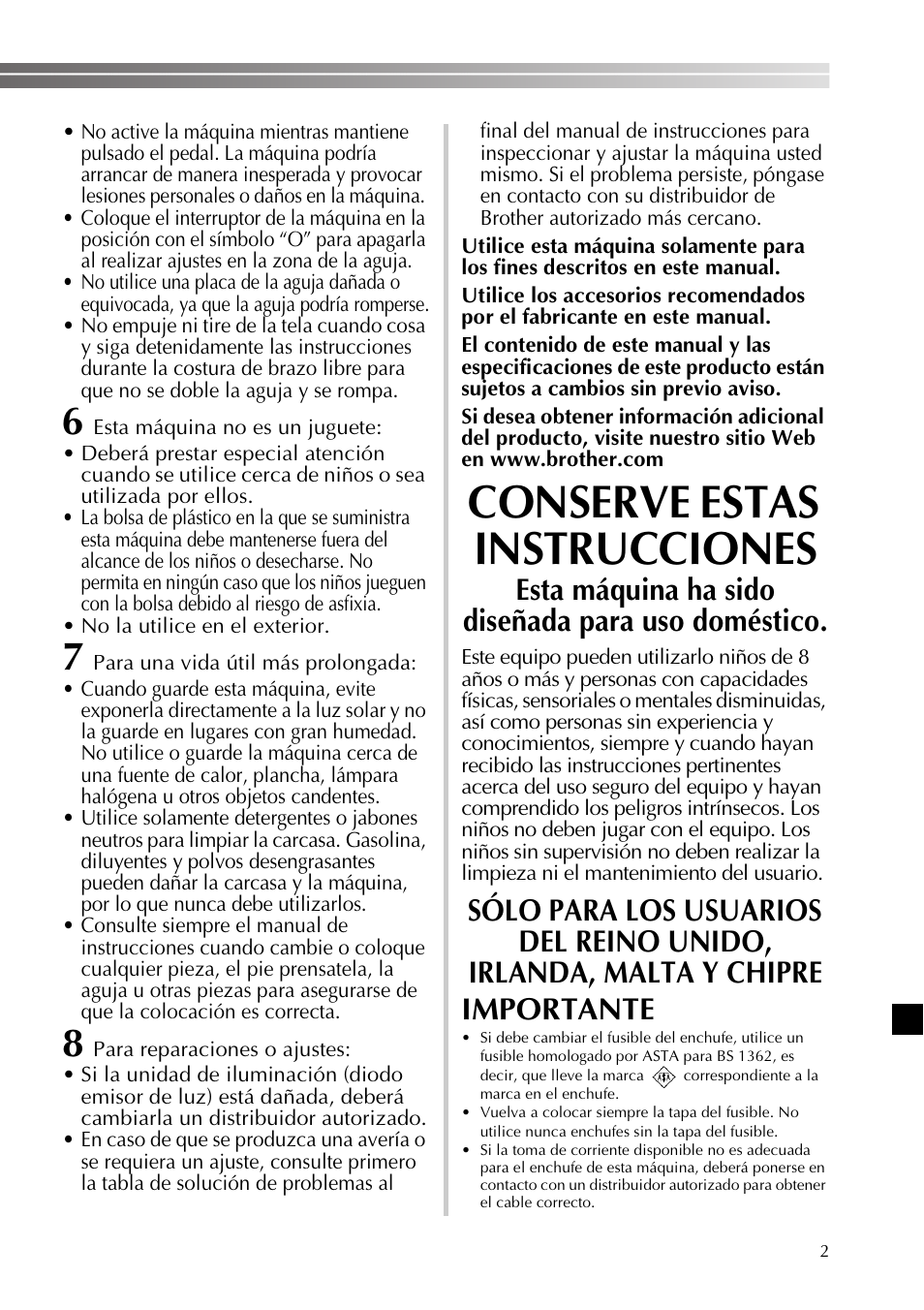 Conserve estas instrucciones, Esta máquina ha sido diseñada para uso doméstico | Brother XR53 User Manual | Page 55 / 108